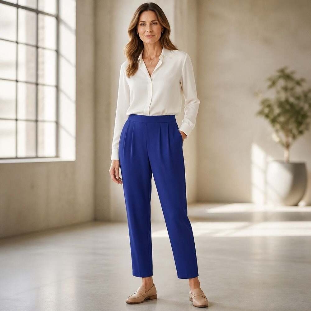 Eileen Fisher Organic Cotton Elastane Blue Pleated Tapered Ankle Pants